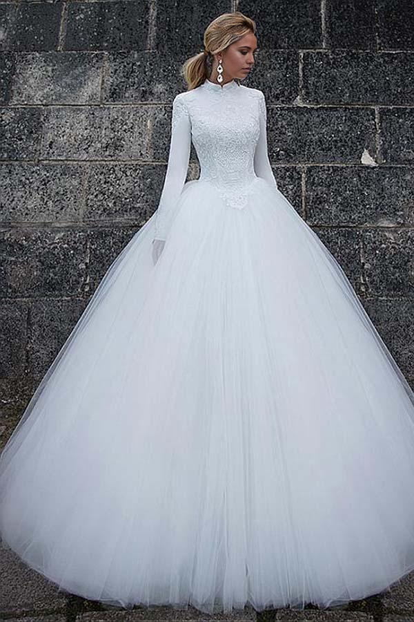 Wholesa A-line Vintage Satin High Collar Natural Waistline Ball Gown Wedding Dress