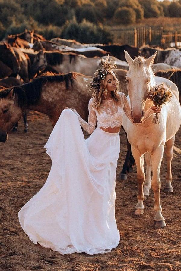 Wholesa Two Pieces A-line Chiffon Long Sleeves Bridal Gown Wedding Dresses