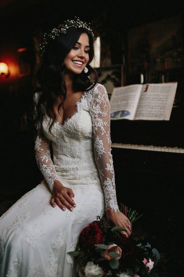 Wholesa Mermaid V Neck Long Sleeve Lace Bridal Gown Wedding Dress