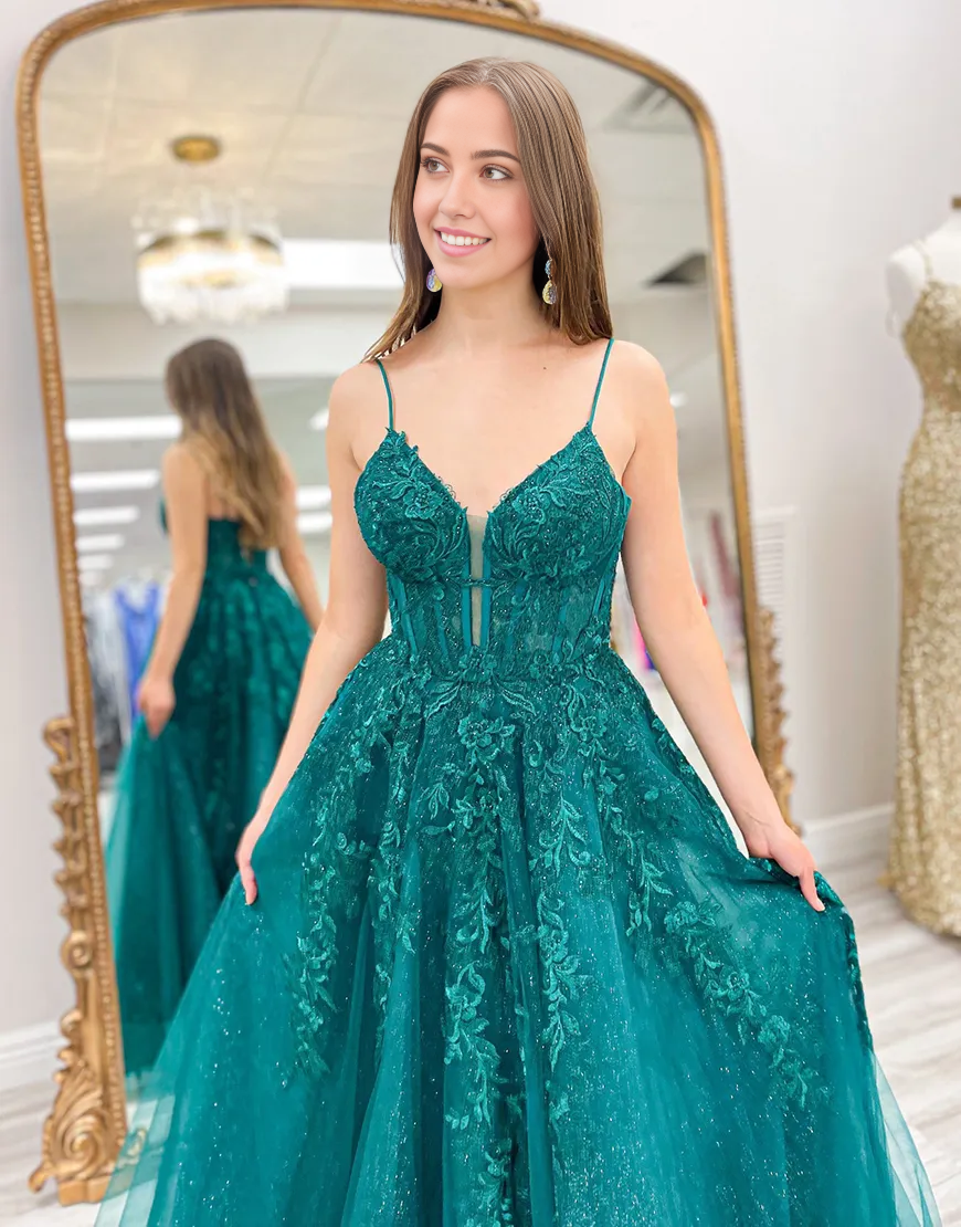 Wholesa A-Line Sparkly Spaghetti Straps Corset Tulle Emerald Green Long formal dresses evening gown Prom Dress with Appliques