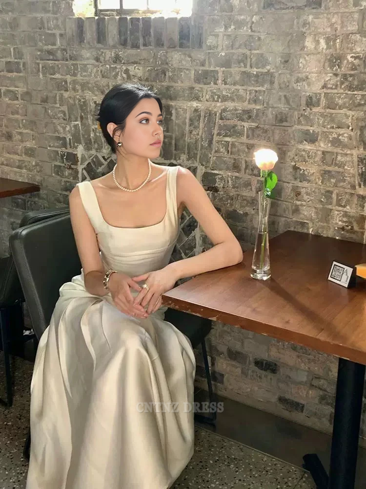 Wholesa Mermaid Square Neckline Vintage White Sleeveless Satin formal dresses Bridesmaid Dresses evening gown Prom Dress