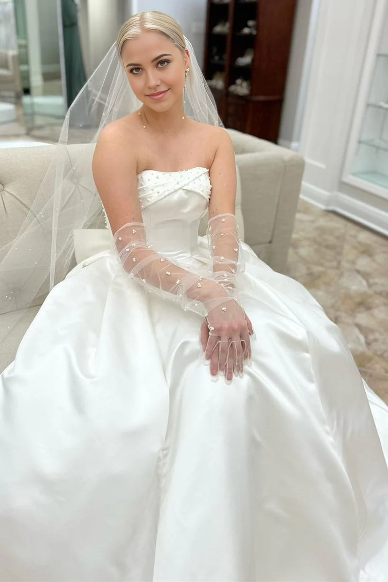 Wholesa A-Line Strapless Bow-Back Pearls Wedding Dress