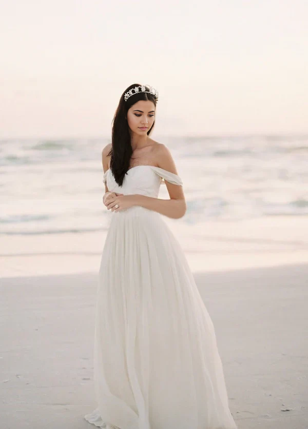 Wholesa A-line Off-the-Shoulder Backless Beach Chiffon Wedding Dress with Lace Bodice