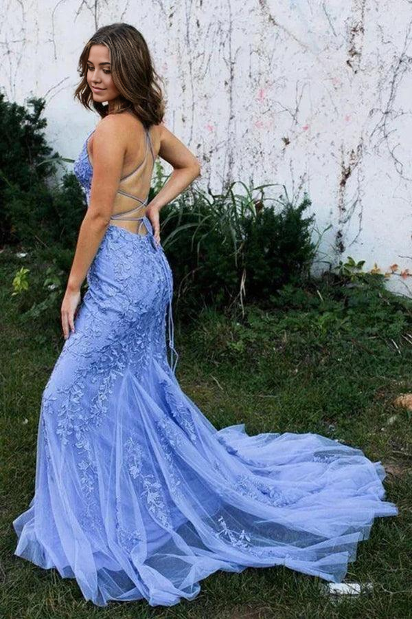 Wholesa Mermaid Backless Lace Blue Long Prom Dresses Formal Dresses