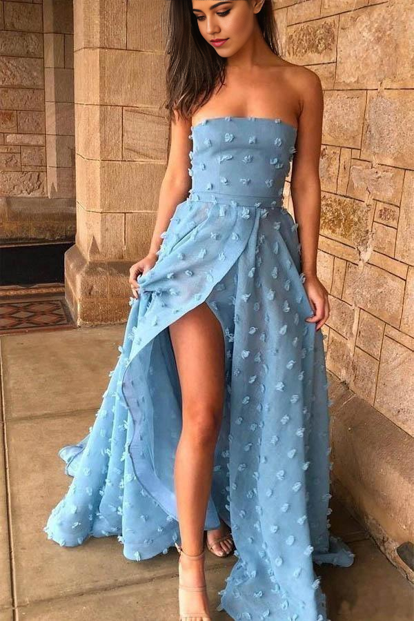 Wholesa A-Line Strapless Sky Blue Lace High Split Long Prom Dresses Formal Dress