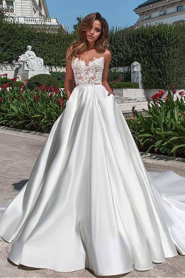 Wholesa A-line Satin Neckline Wedding Dress With Pockets Lace Appliques