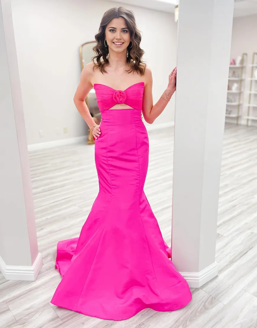 Wholesa Mermaid Strapless Flower Hollow Fuchsia Long formal dresses evening gown Prom Dress