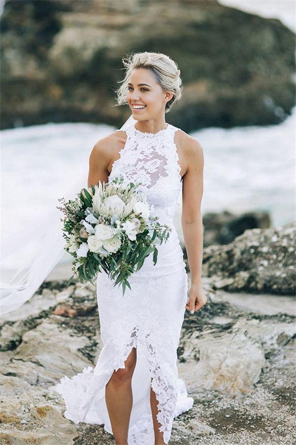 Wholesa Mermaid Illusion Neckline Split Sweep Train Wedding Dress Open Back Bridal Gown