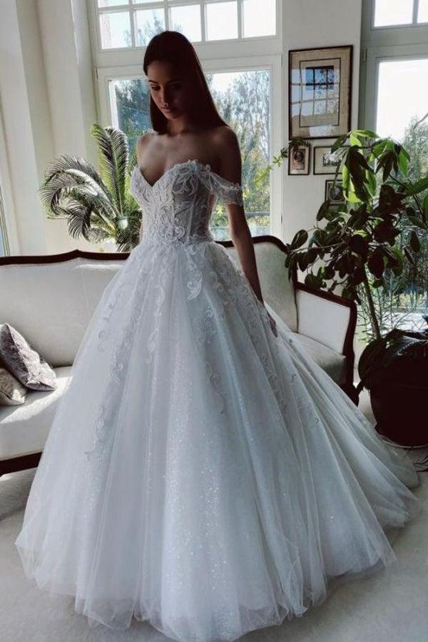 Wholesa A-line Off The Shoulder Tulle White Appliques Wedding Dresses With Beading
