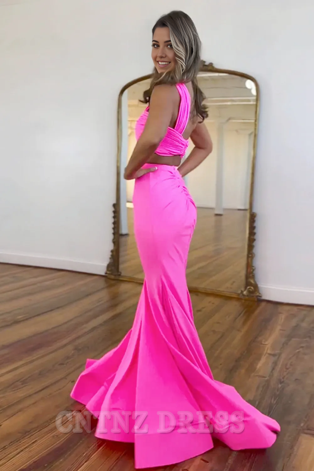 Wholesa Mermaid One Shoulder Cutout Waist Satin Long formal dresses evening gown Prom Dress