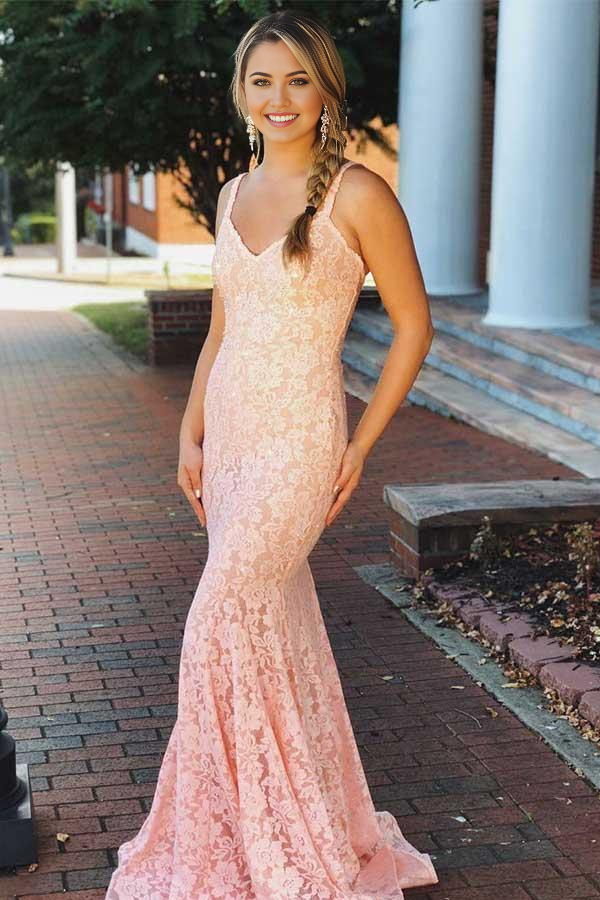 Wholesa Mermaid V-neck Beading Sleeveless Lace Backless Pink Prom Dress