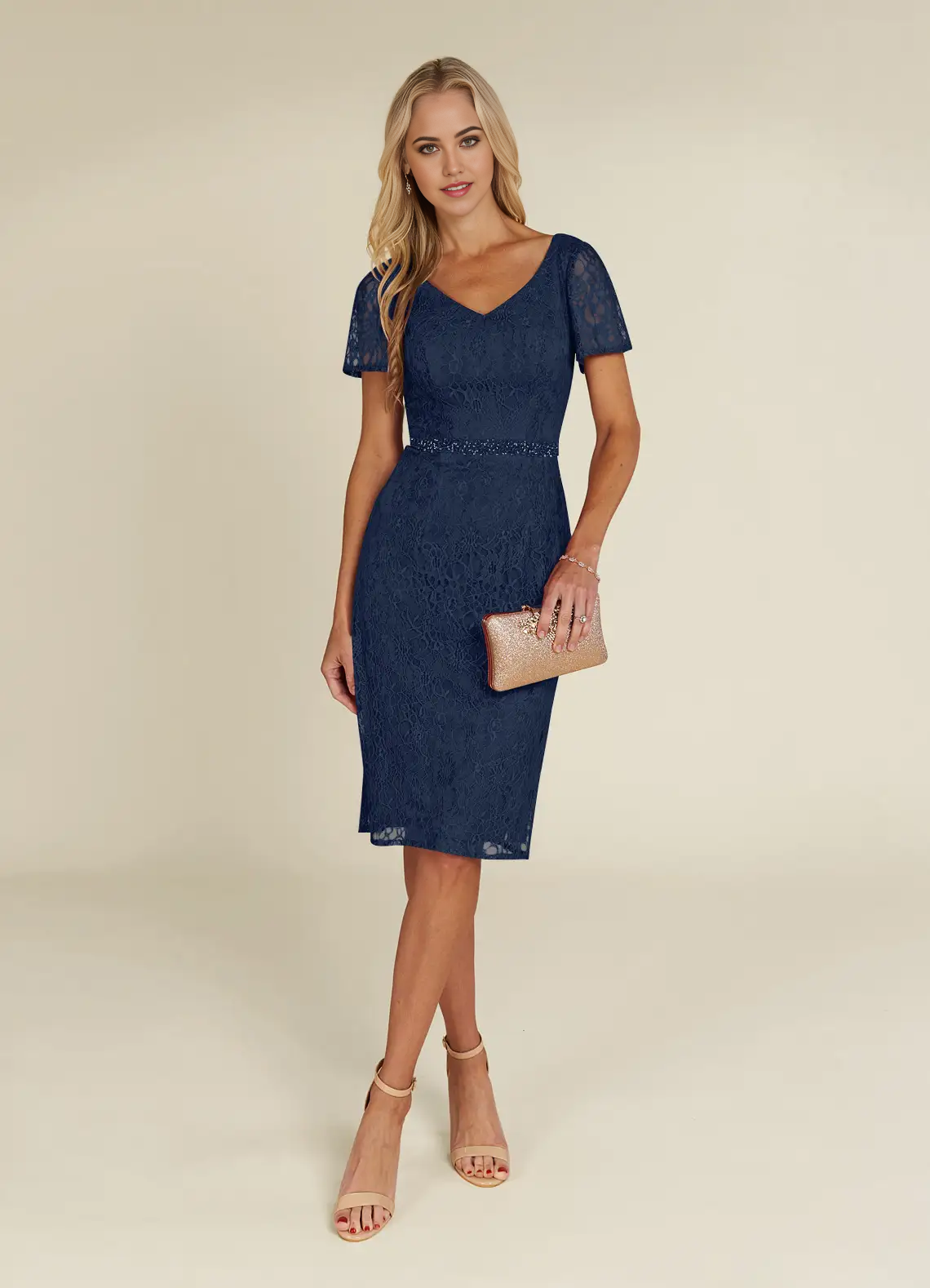 Wholesa Sheath V-Neck Lace Short Sleeve Dark Navy Mother of the Bride Dresses