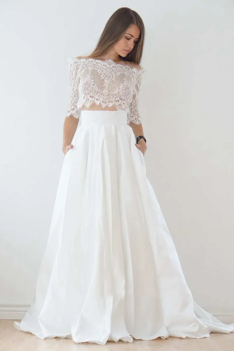 Wholesa Two-Piece A-Line Off-The-Shoulder Lace Satin Wedding Dress With Sweep Train