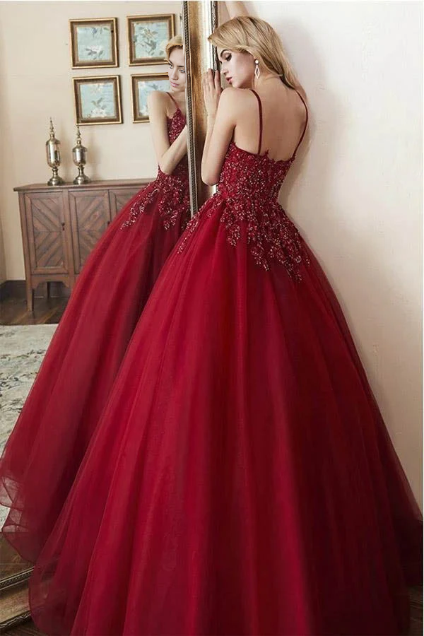 Wholesa A-line Elegant Tulle Straps Ball Gown Beaded Long Prom Dress
