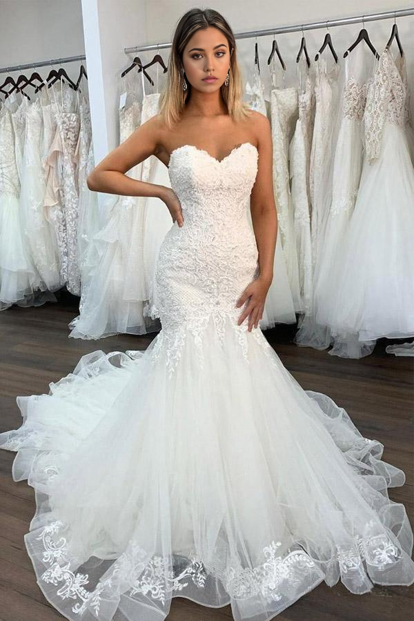 Wholesa Mermaid Sweetheart Neckline Sexy Lace Wedding Dresses With Ruffles