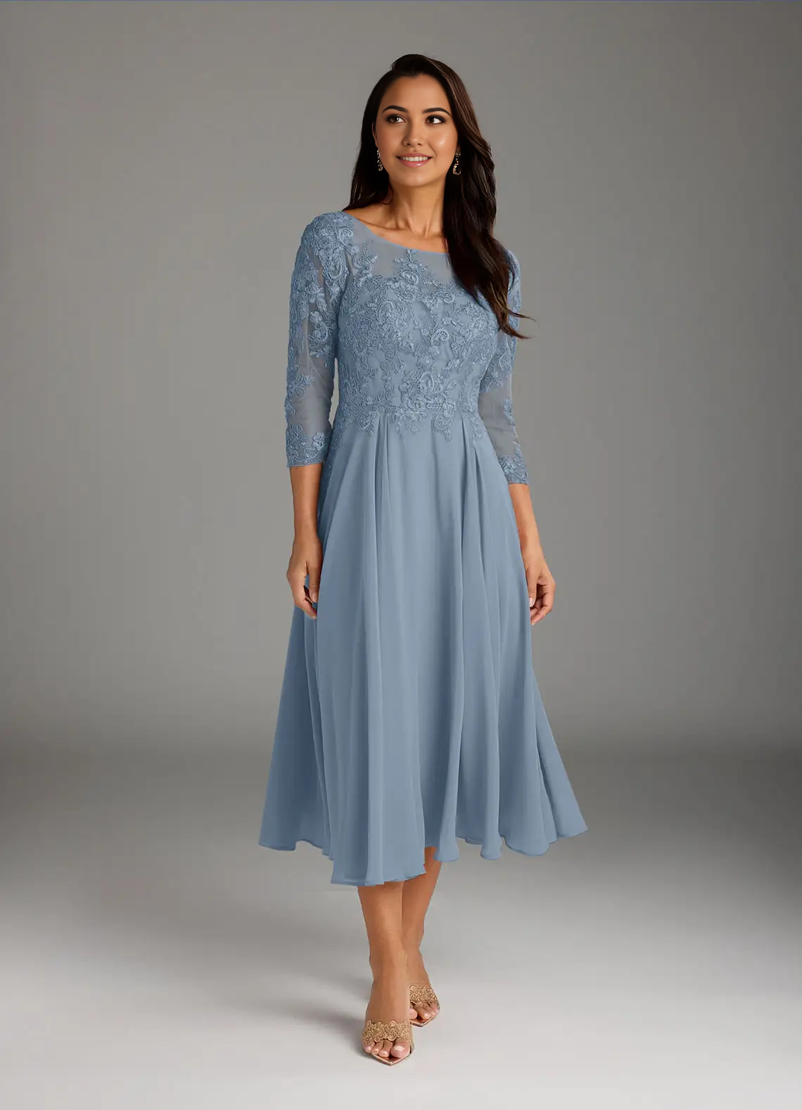 Wholesa A-Line Scoop Lace Chiffon Dusty Blue Mother of the Bride Dresses