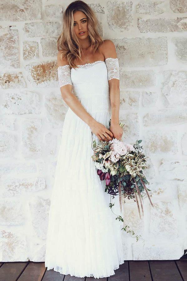 Wholesa Boho A-Line Off-the-Shoulder Short Sleeves Lace Wedding Dress