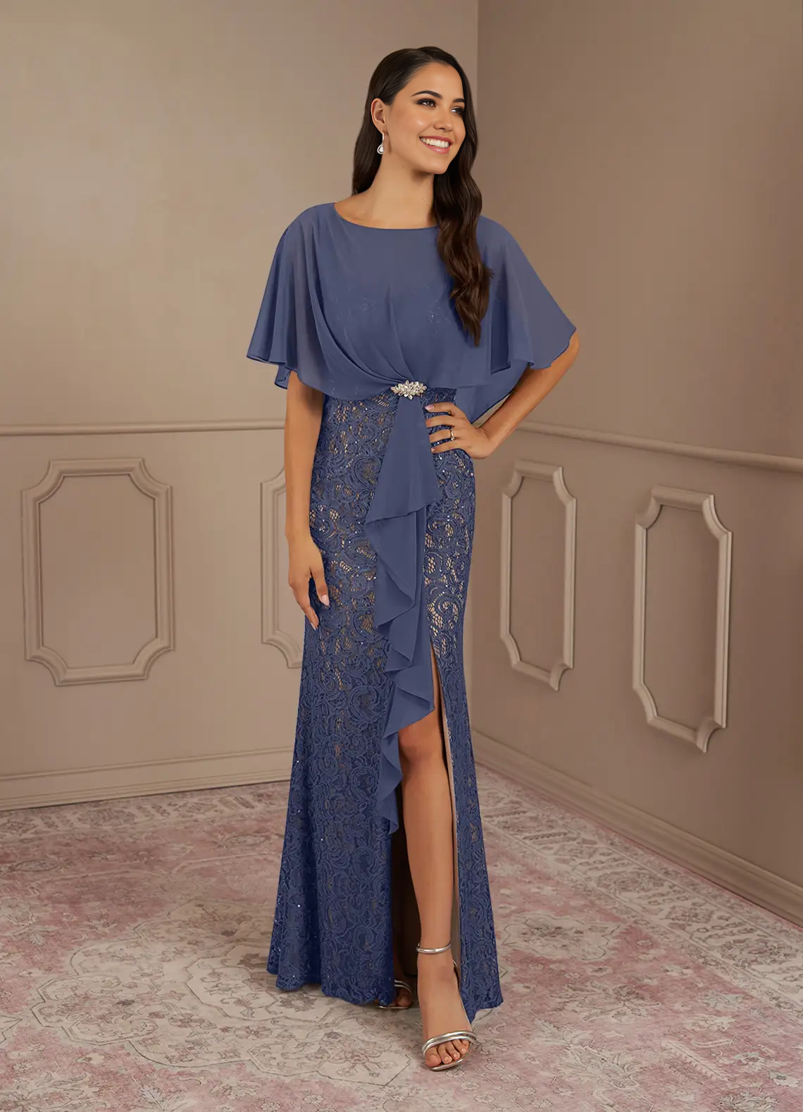 Wholesa Sheath Crew Neck Sequins Chiffon formal dresses evening dress Mother of the Bride Dresses