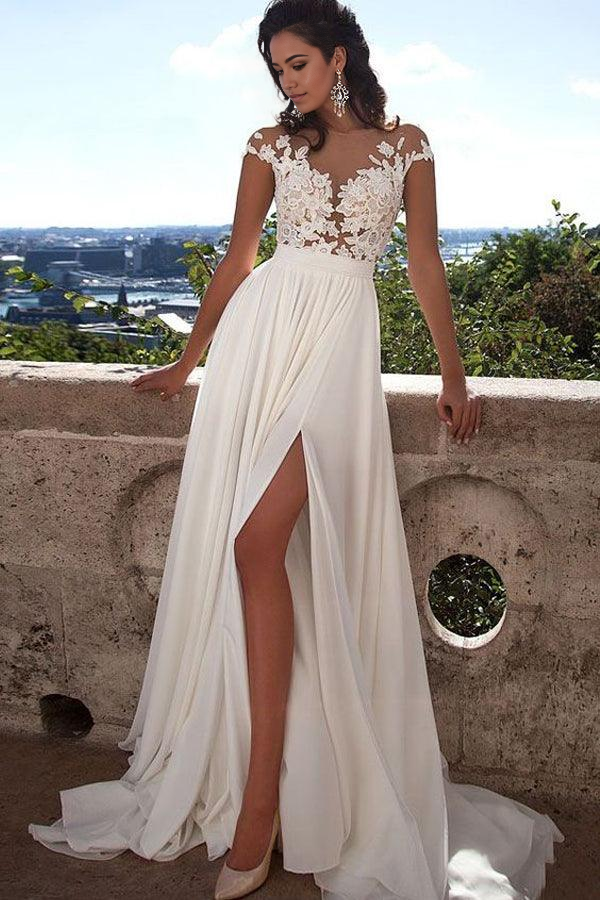 Wholesa A-line Appliques lace Side Slit Chiffon formal dresses Party Evening Prom Dresses Wedding Dresses