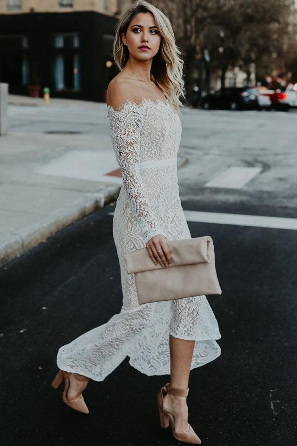 Wholesa Mermaid Off-the-Shoulder High Low Lace Wedding Dress with Long Sleeves