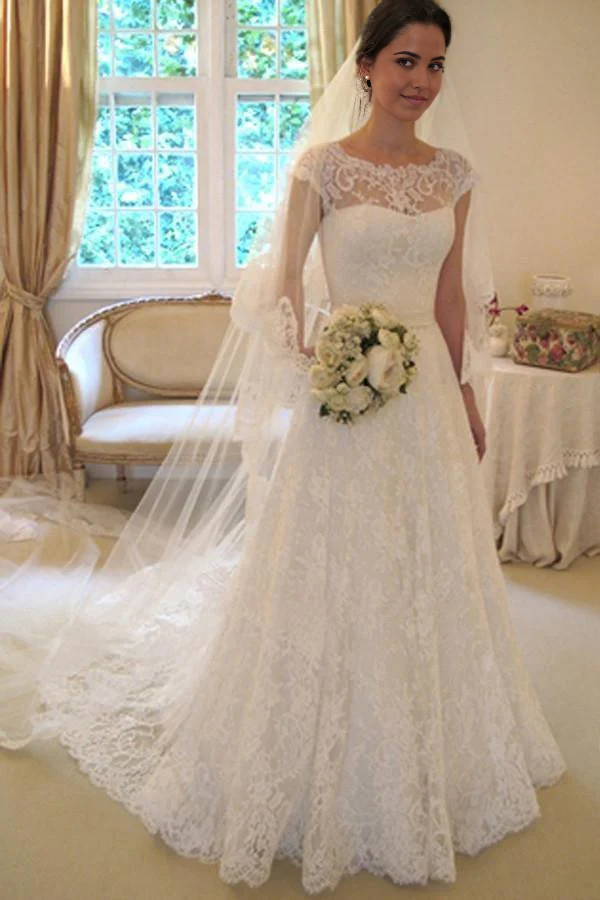Wholesa A-Line Scoop Neck Short Sleeve Lace Wedding Dresses