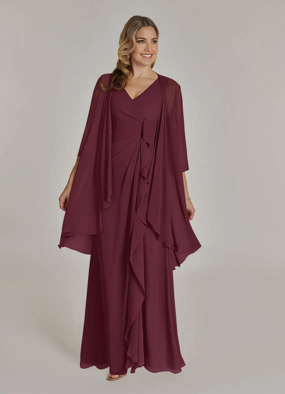 Wholesa A-Line V-Neck Pleated Chiffon Cabernet Mother of the Bride Dresses