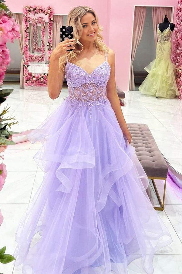 Wholesa A-line V Neck Beaded Purple Lace Floral Gorgeous Long Prom Dresses
