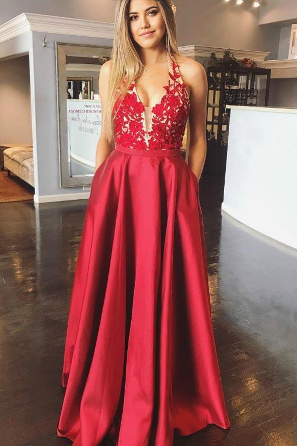 Wholesa A-Line V-neck Appliques Backless Red Satin Long Prom Dress With Pocket