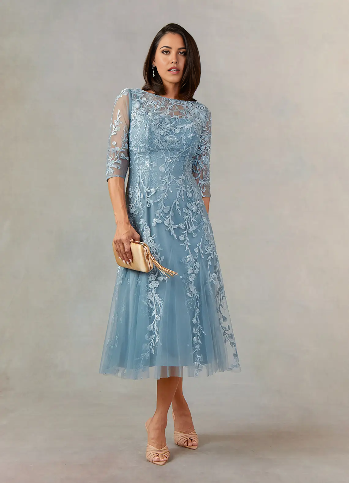 Wholesa A-Line Boatneck Lace Dusty Blue formal dresses evening dress Mother of the Bride Dresses