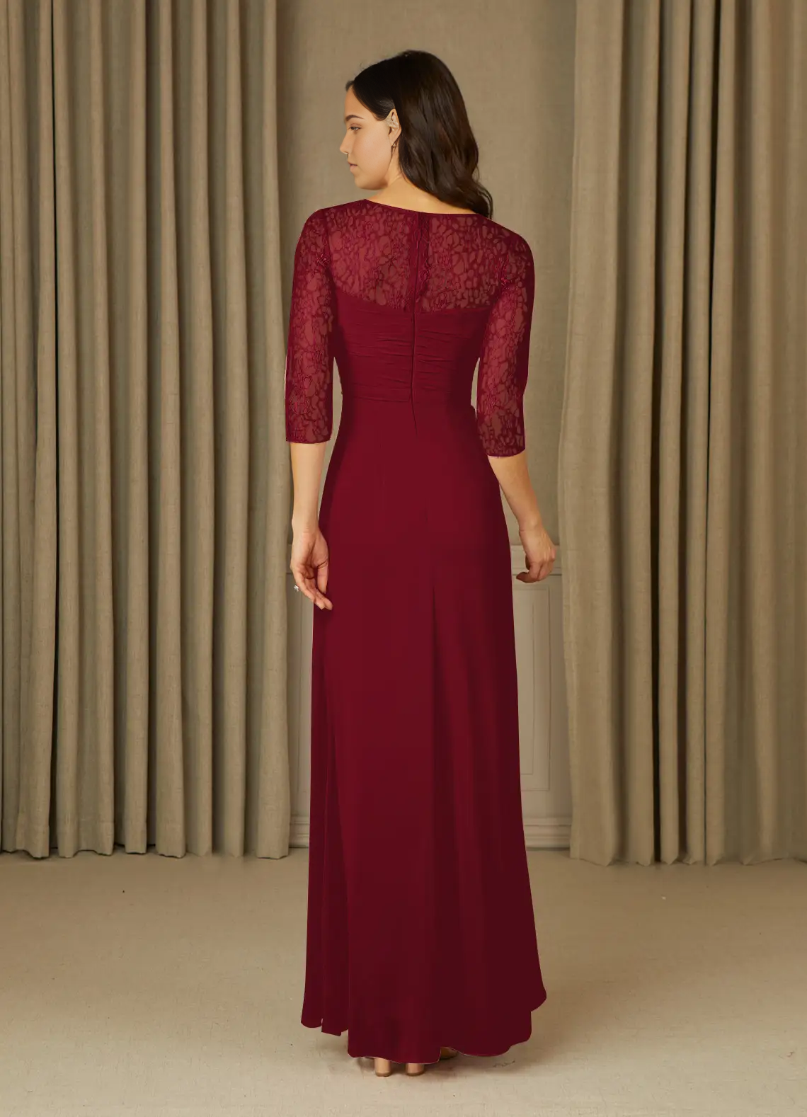 Wholesa A-Line 3/4 Length Sleeve Lace Chiffon Burgundy formal dresses evening dress Mother of the Bride Dresses