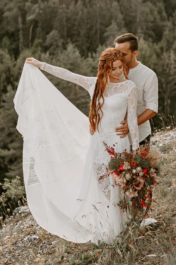 Wholesa A-line Beach Scoop Neck Backless Long Sleeves Wedding Dresses