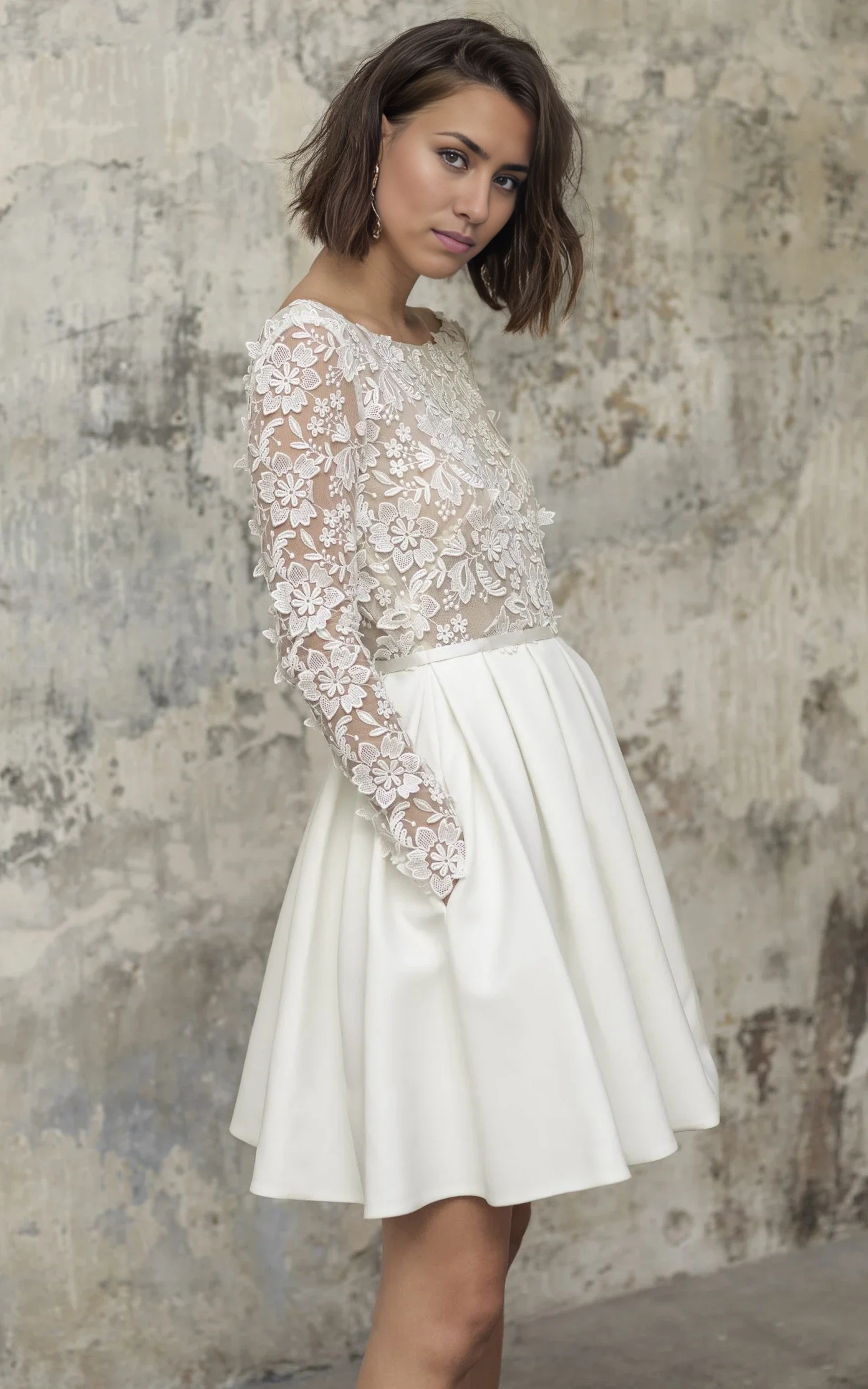 Wholesa A Line Simple Knee-length Satin Lace Bateau Long Sleeve Wedding Dress