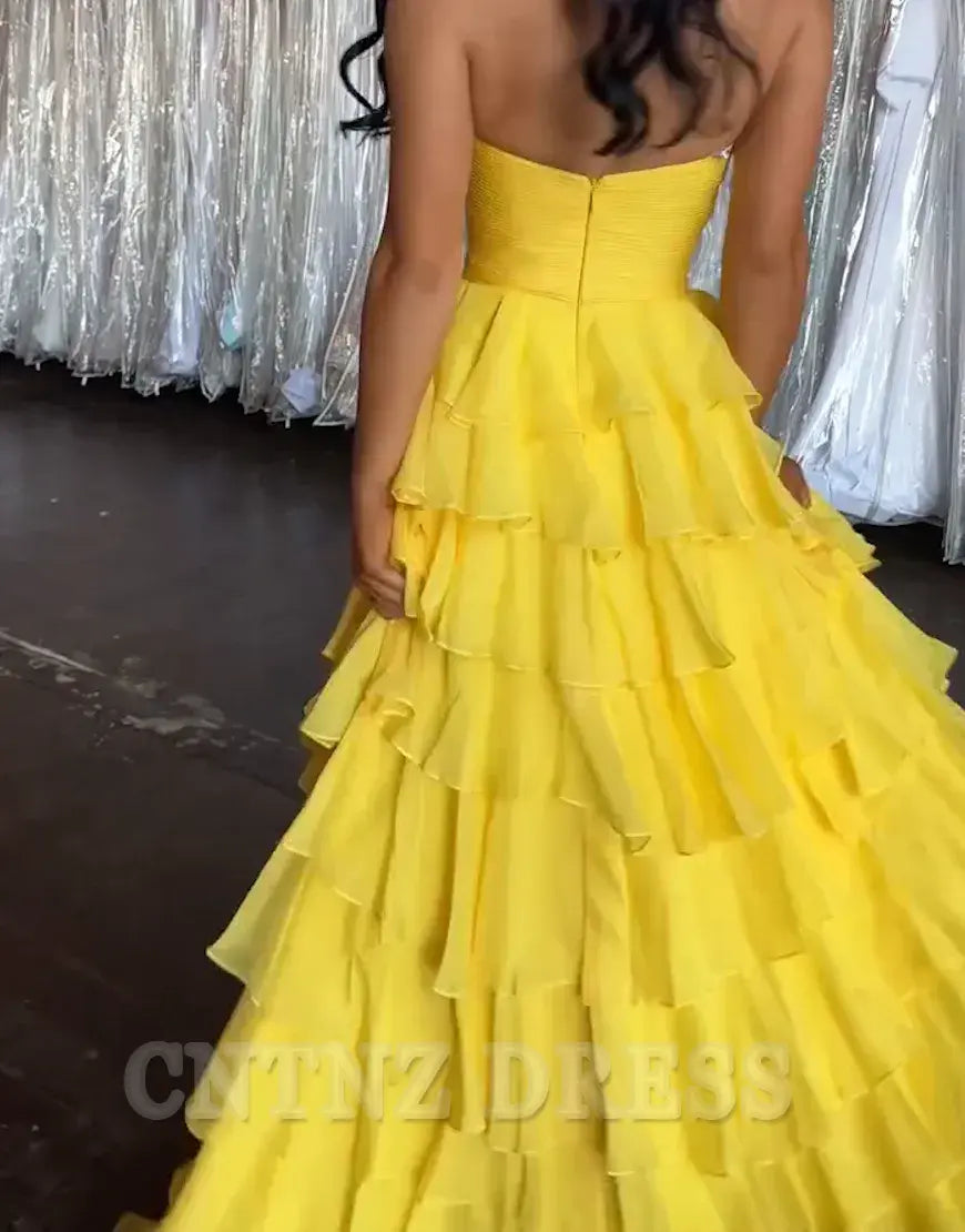 Wholesa A-Line Strapless Ruffles Ruched Yellow Long formal dresses evening gown Prom Dress