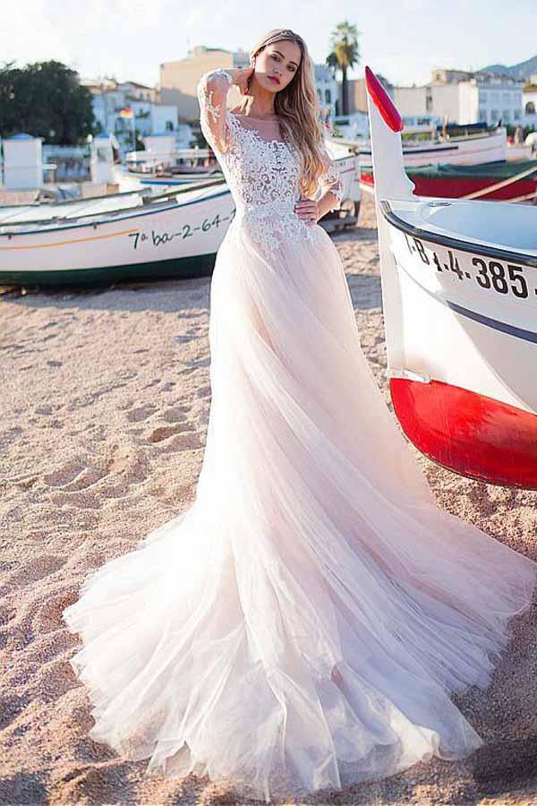 Wholesa A-line Appliques Tulle Scoop Neckline Wedding Dress With Lace