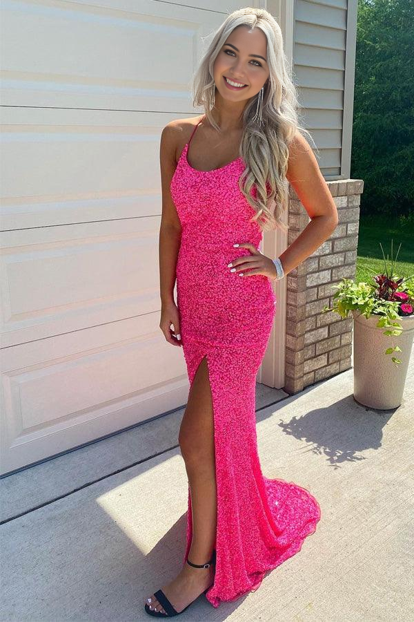 Wholesa Mermaid Glitters Hot Pink Long Prom Evening Dress with Slit
