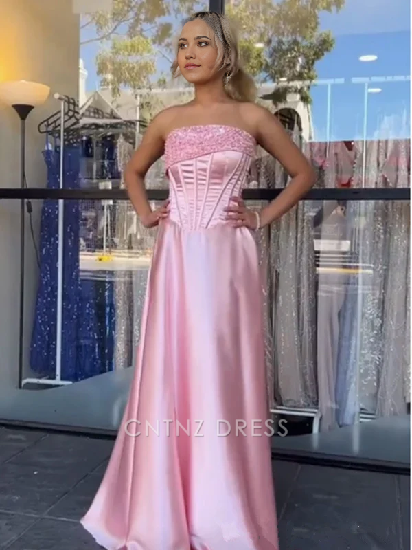Wholesa Mermaid Strapless Beaded Satin Pink formal dresses Bridesmaid Dresses evening gown Prom Dress