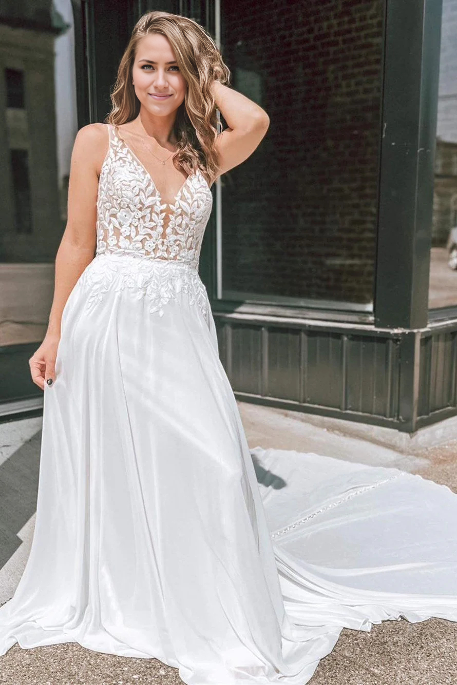 Wholesa A-line Appliques Plunge V Open Back Long Wedding Dress