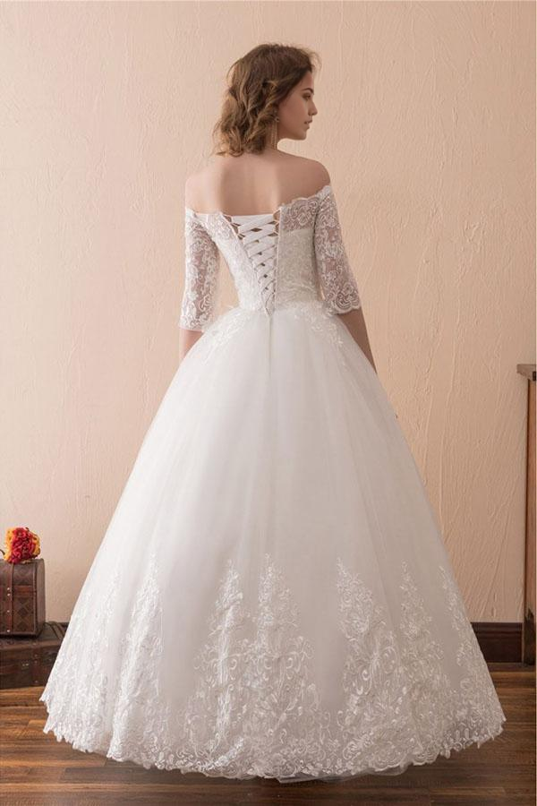 Wholesa A-line Off The Shoulder Lace Ball Gown Wedding Dress With 1/2 Sleeves