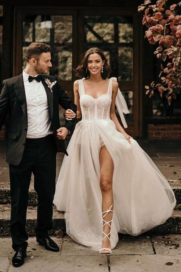 Wholesa A-Line Sleeveless Sweep Train Ivory Wedding Dress With Sequins