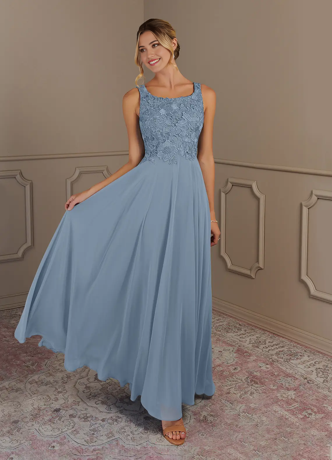Wholesa Two Piece  A-Line Scoop lace Chiffon Dusty Blue formal dresses evening dress Mother of the Bride Dresses