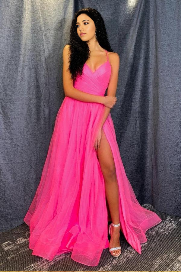 Wholesa A Line V Neck Hot Pink Tulle Prom Dresses Formal Dresses