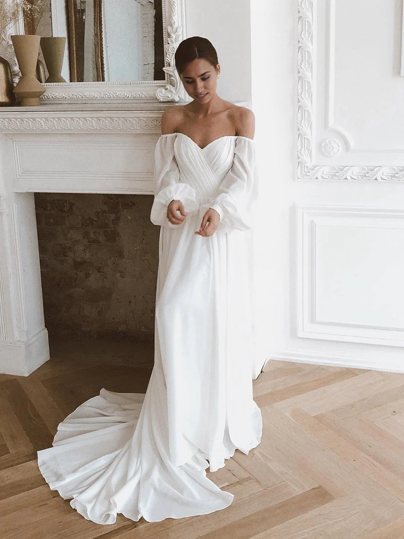 Wholesa Beach Off the Shoulder Chiffon Long-Sleeve Wedding Dresses