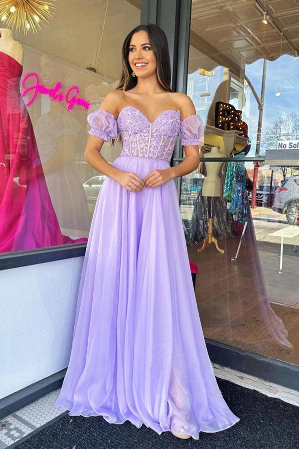 Wholesa A-Line Strapless Tulle Long Evening Dress Floor Length Lilac Prom Dress