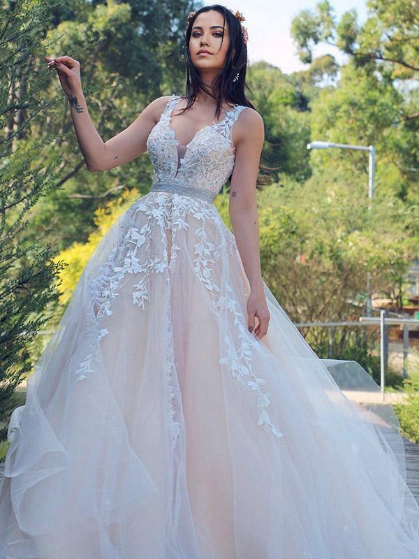 Wholesa A-Line V-neck Princess Applique Tulle Sleeveless Sweep Train Wedding Dresses