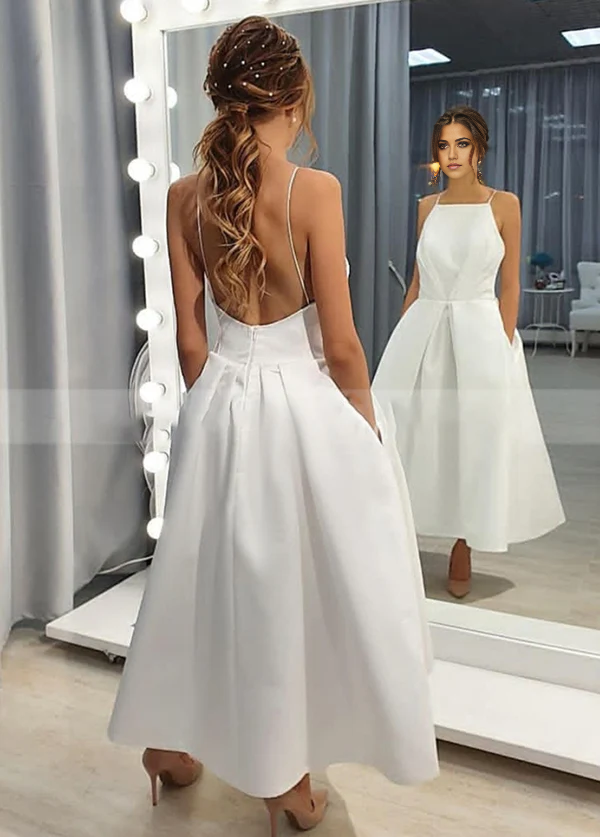 Wholesa A-Line Sleeveless Spaghetti-Straps Simple Open Back Tea Length Wedding Dress with Pockets