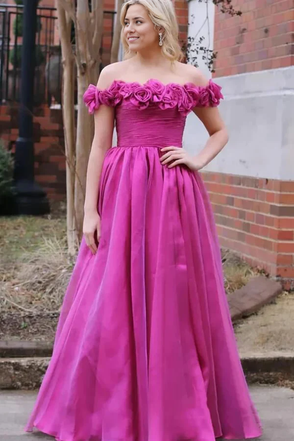Wholesa A-line Off-the-Shoulder Tulle Prom Dresses With 3D Flowers