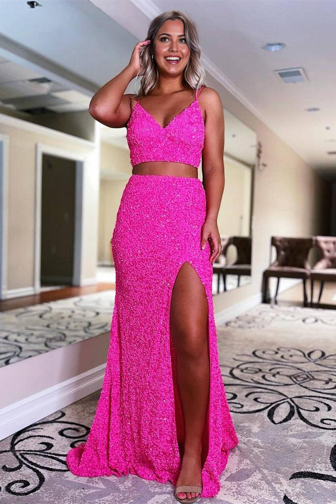 Wholesa Mermaid Two Piece Orange Sequins Long Prom Formal Dress