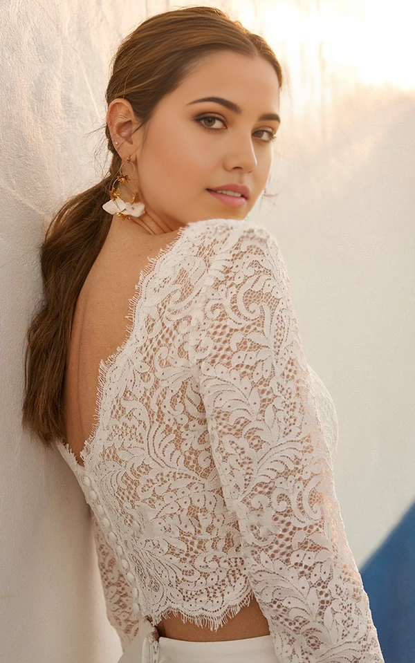 Wholesa Two Piece Floor-length 3/4 Length Sleeve Lace Jewel Wedding Dress with Ruching