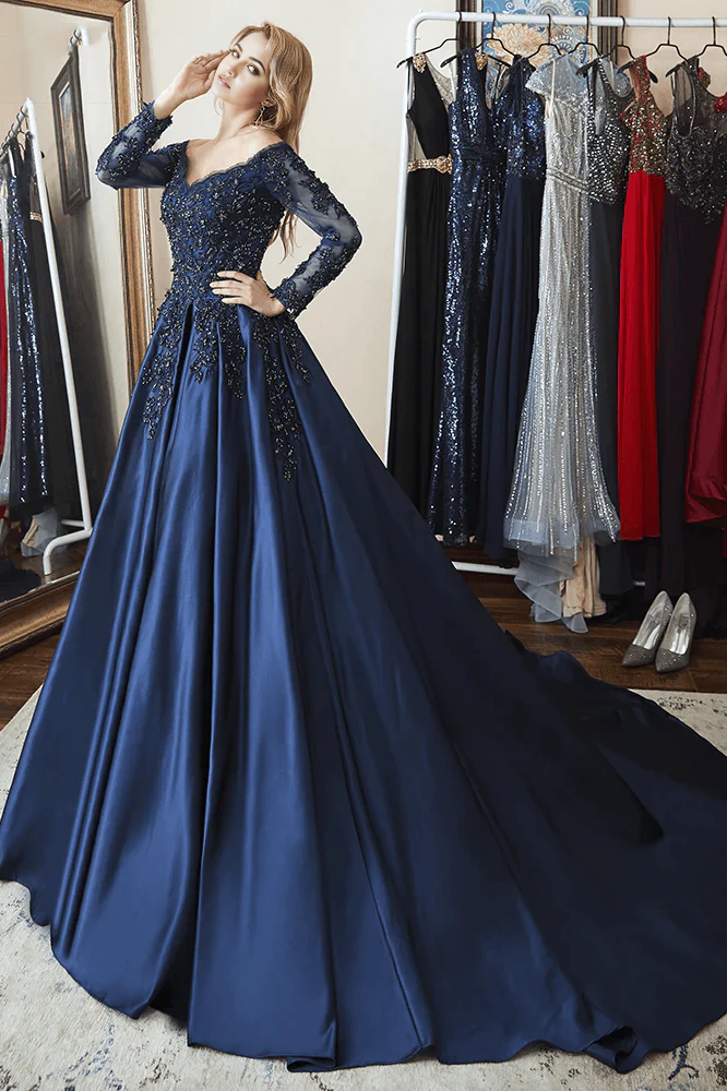 Wholesa A-line Off Shoulder Long Sleeves Beaded Navy Blue Ball Gown Prom Dress