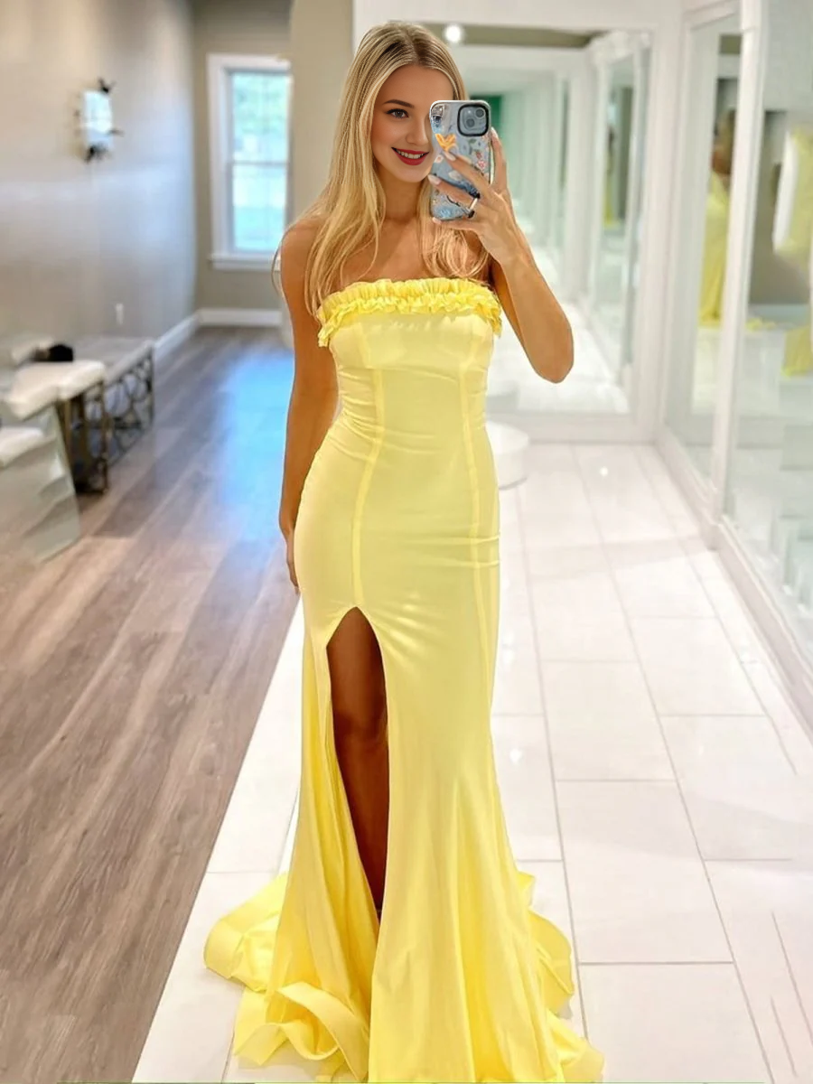 Charming Formal Women's Dresses Yellow Mermaid Strapless Ruffles Sleeveless Backless with Slit Bargain Long Prom Dress
